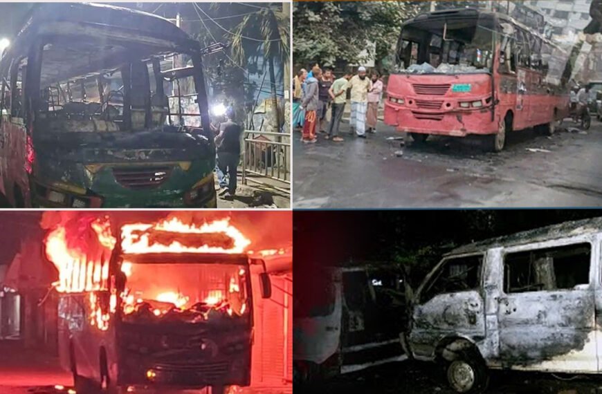 রাজধানীতে এক রাতে তিন বাস ও একটি প্রাইভেটকারে আগুন